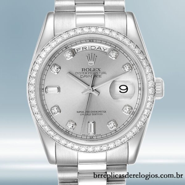 Rolex Day-Date masculino 118346 36mm Mostrador Prateado pulseira do presidente