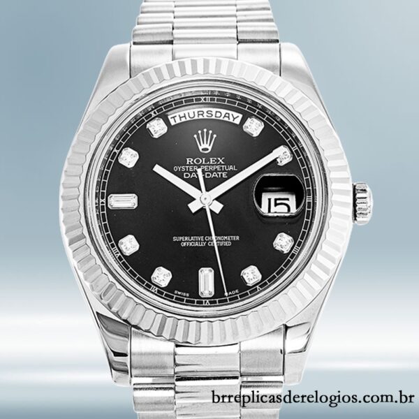 Rolex Day-Date 41mm masculino 218239 Tom prata mostrador preto
