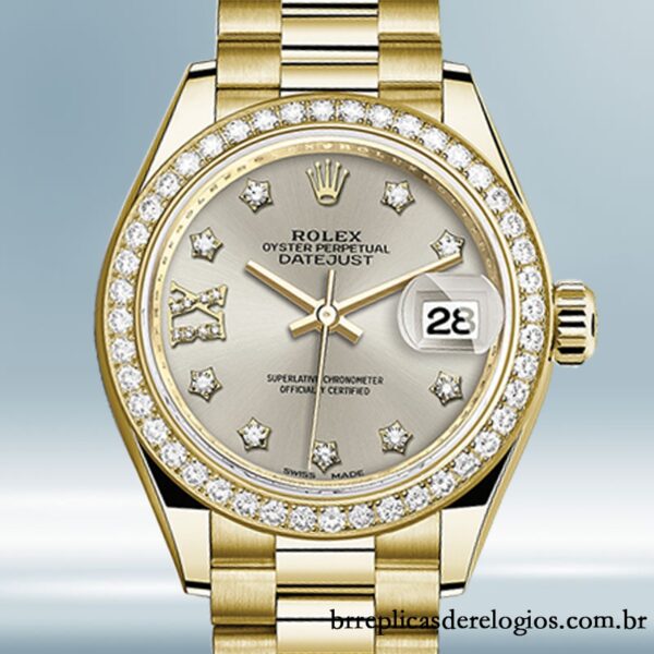 Rolex Datejust m279138rbr-0001 Senhoras 28mm Mostrador Diamante Prateado Tom de ouro