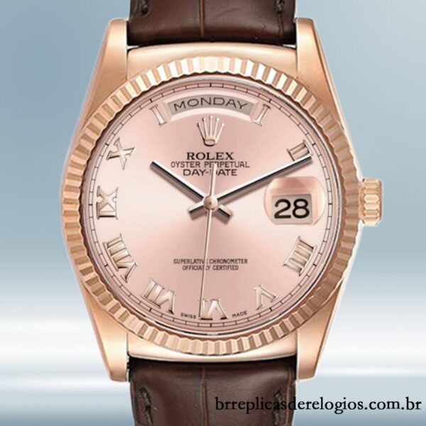 Rolex Day-Date masculino 118135 36mm Mostrador de ouro rosa Correia de couro
