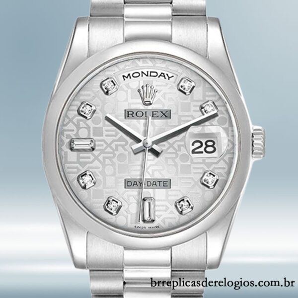 Rolex Day-Date masculino 36mm 118206 Tom prata Mostrador do Jubileu de Prata