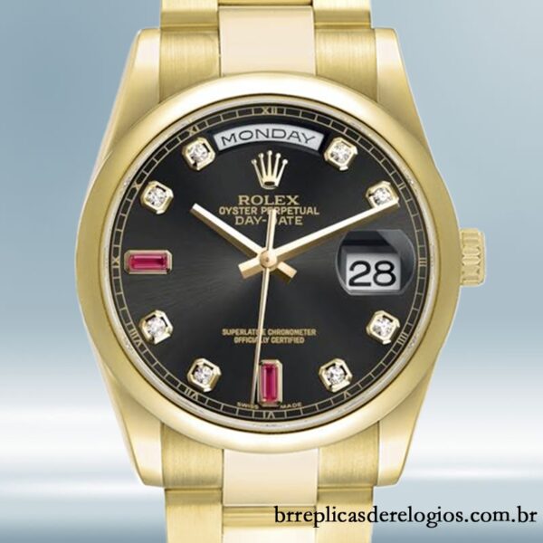 Rolex Day-Date masculino 36mm 118208 mostrador preto Tom de ouro