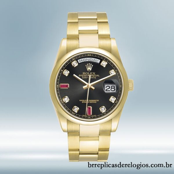Rolex Day-Date masculino 36mm 118208 mostrador preto Tom de ouro - Imagem 2