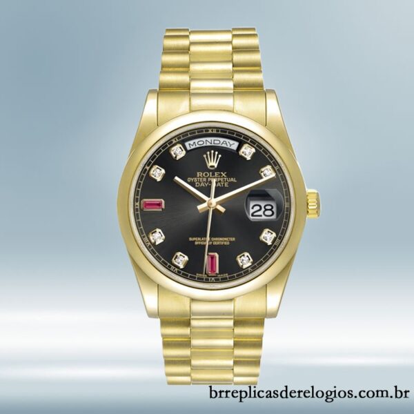 Rolex Day-Date masculino 36mm 118208 mostrador preto Tom de ouro - Imagem 5
