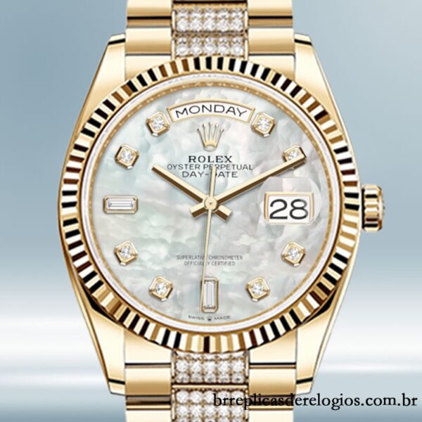 Rolex Day-Date masculino 36mm m128238-0032 Mostrador Madrepérola Tom de ouro
